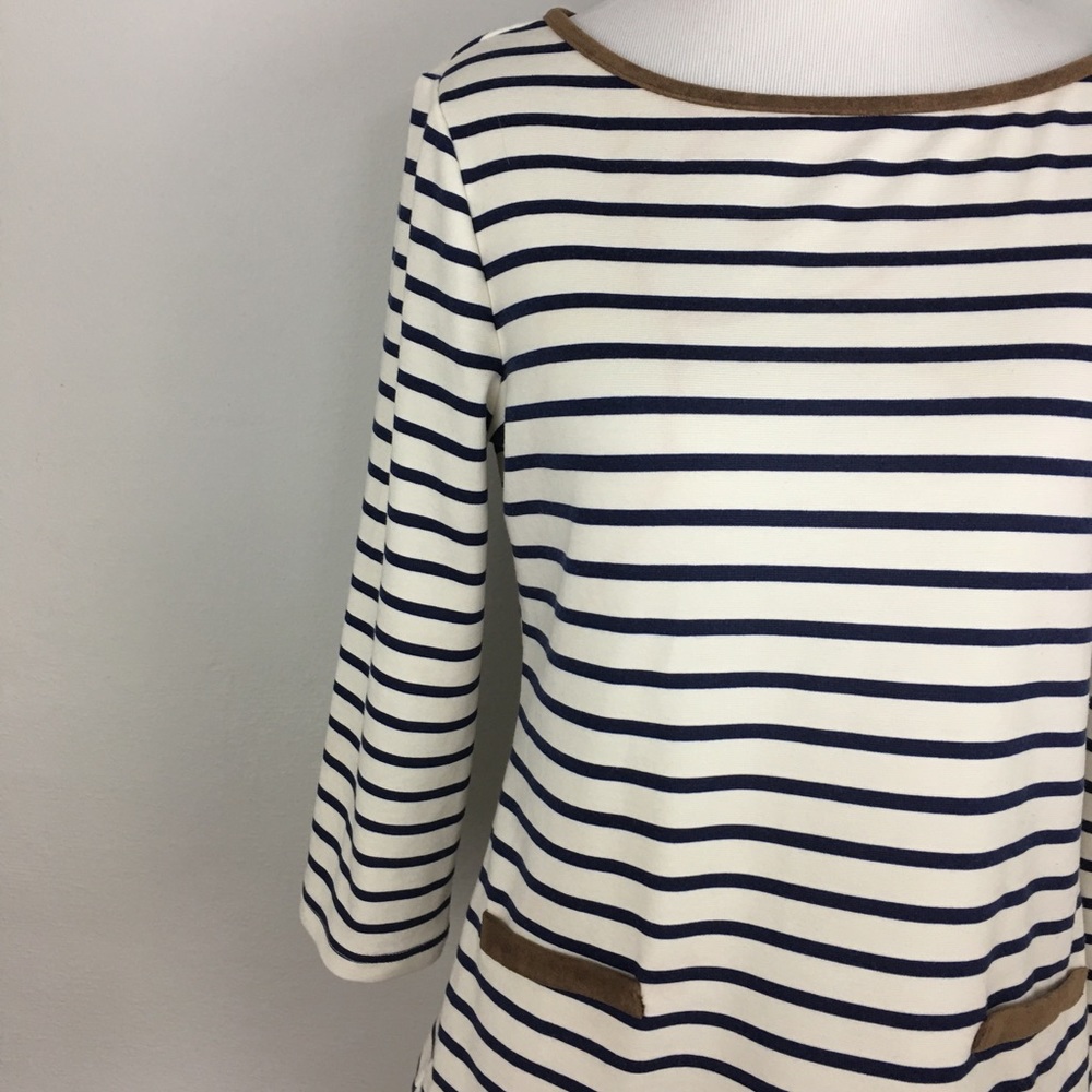 Navy Blue White Striped Suede Trim Top Size Small - Picture 2 of 8